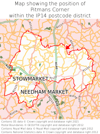 Map showing location of Pitmans Corner within IP14