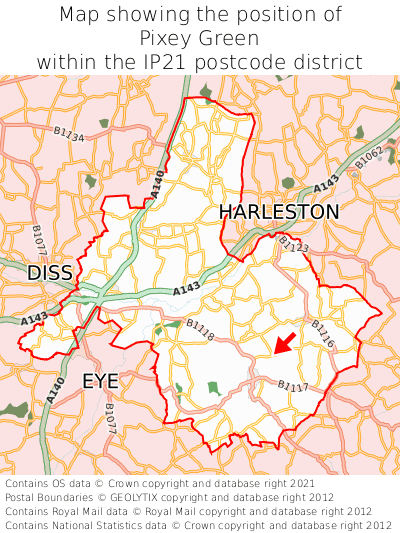 Map showing location of Pixey Green within IP21