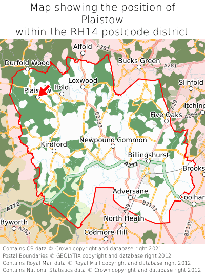 Map showing location of Plaistow within RH14