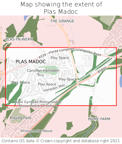 Map showing extent of Plas Madoc as bounding box