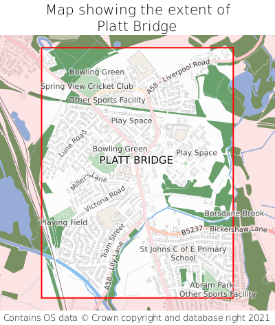 Map showing extent of Platt Bridge as bounding box
