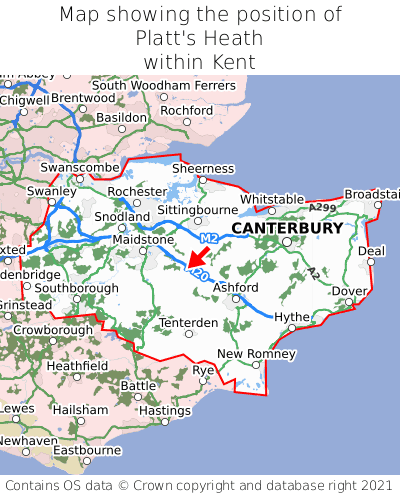 Map showing location of Platt's Heath within Kent