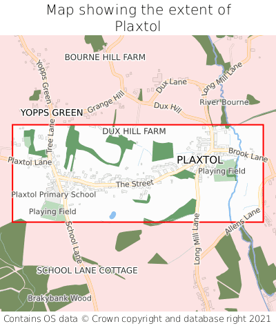 Map showing extent of Plaxtol as bounding box