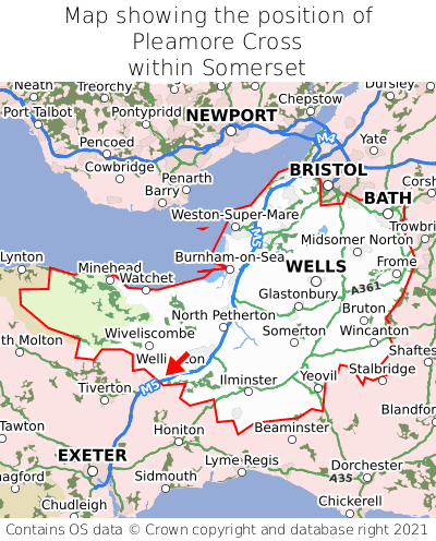 Map showing location of Pleamore Cross within Somerset
