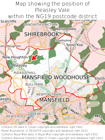 Map showing location of Pleasley Vale within NG19