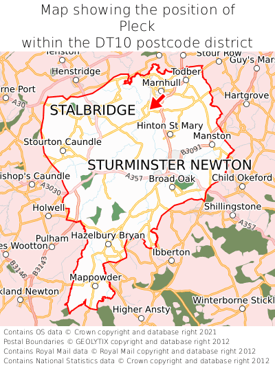 Map showing location of Pleck within DT10