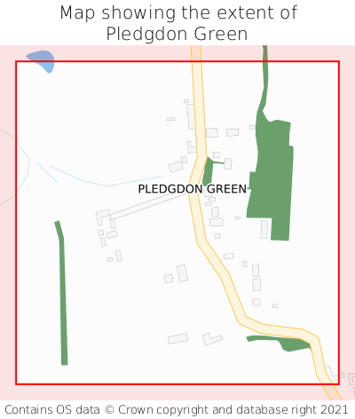 Map showing extent of Pledgdon Green as bounding box