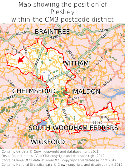 Map showing location of Pleshey within CM3