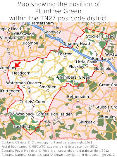 Map showing location of Plumtree Green within TN27