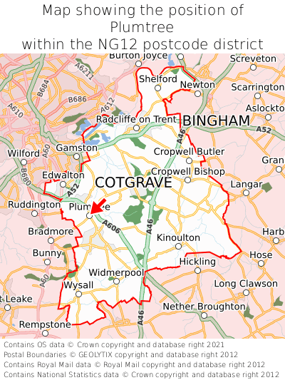 Map showing location of Plumtree within NG12
