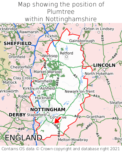 Map showing location of Plumtree within Nottinghamshire