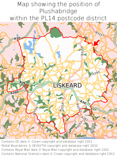 Map showing location of Plushabridge within PL14