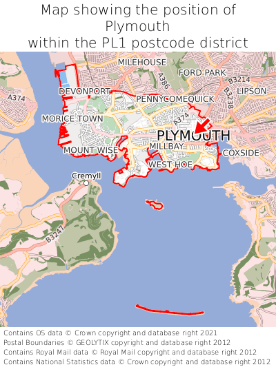 Map showing location of Plymouth within PL1