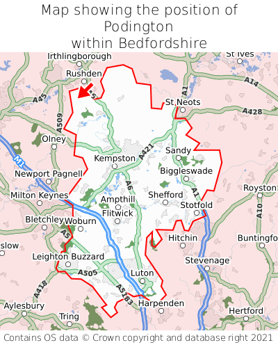 Map showing location of Podington within Bedfordshire