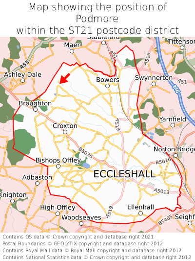 Map showing location of Podmore within ST21