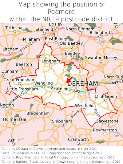 Map showing location of Podmore within NR19