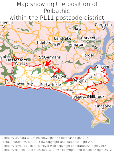 Map showing location of Polbathic within PL11