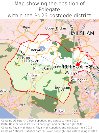 Map showing location of Polegate within BN26