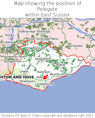 Map showing location of Polegate within East Sussex