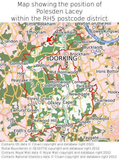 Map showing location of Polesden Lacey within RH5