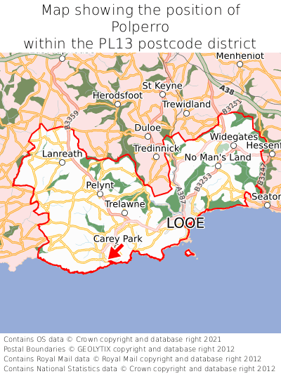 Map showing location of Polperro within PL13