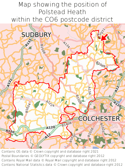 Map showing location of Polstead Heath within CO6