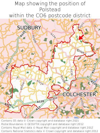Map showing location of Polstead within CO6