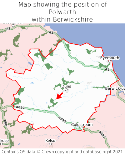 Map showing location of Polwarth within Berwickshire