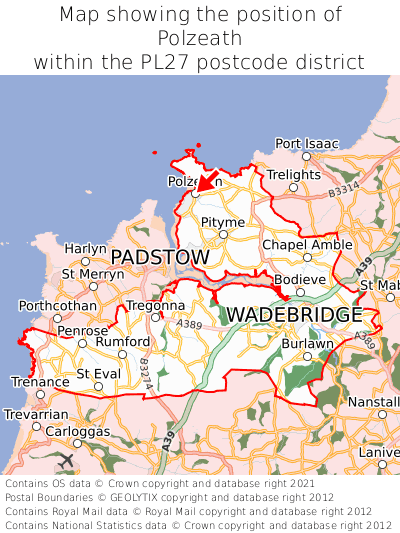 Map showing location of Polzeath within PL27