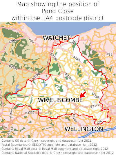 Map showing location of Pond Close within TA4