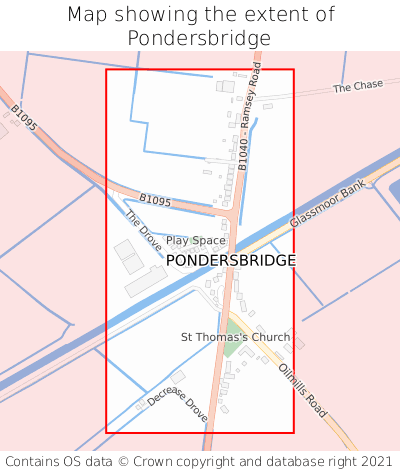 Map showing extent of Pondersbridge as bounding box