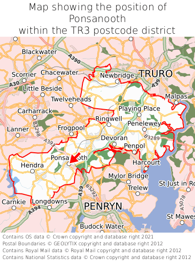 Map showing location of Ponsanooth within TR3