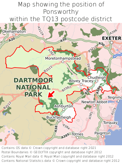 Map showing location of Ponsworthy within TQ13