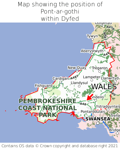 Map showing location of Pont-ar-gothi within Dyfed