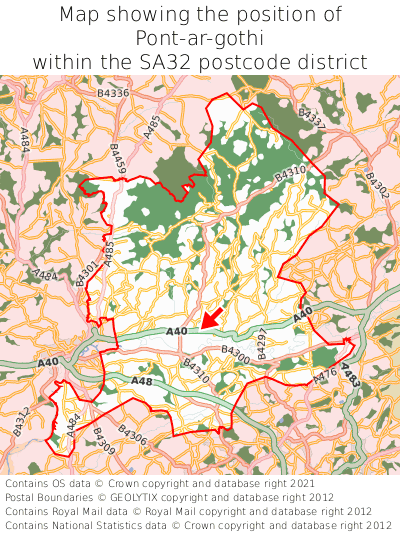 Map showing location of Pont-ar-gothi within SA32