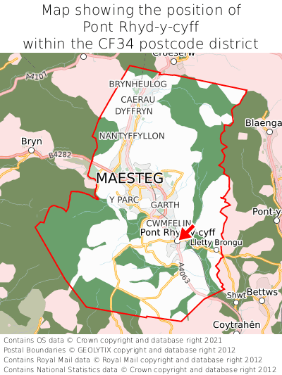 Map showing location of Pont Rhyd-y-cyff within CF34