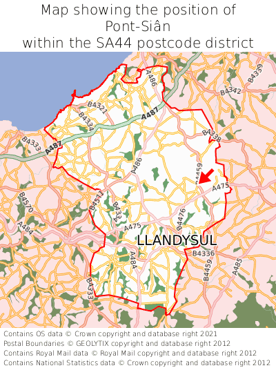 Map showing location of Pont-Siân within SA44