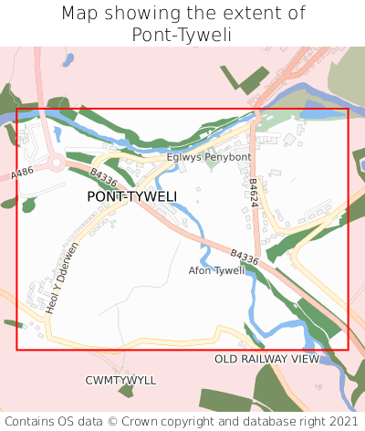Map showing extent of Pont-Tyweli as bounding box
