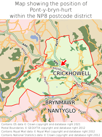 Map showing location of Pont-y-bryn-hurt within NP8