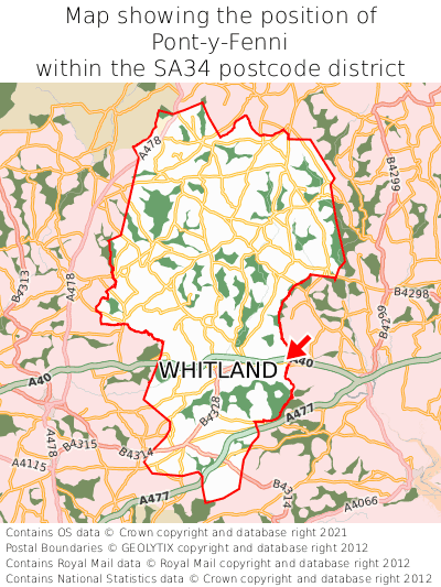 Map showing location of Pont-y-Fenni within SA34