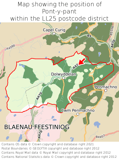 Map showing location of Pont-y-pant within LL25