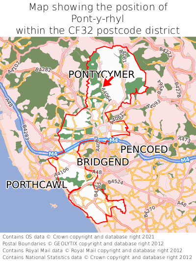 Map showing location of Pont-y-rhyl within CF32