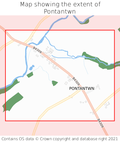 Map showing extent of Pontantwn as bounding box
