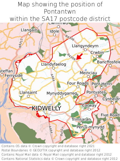 Map showing location of Pontantwn within SA17