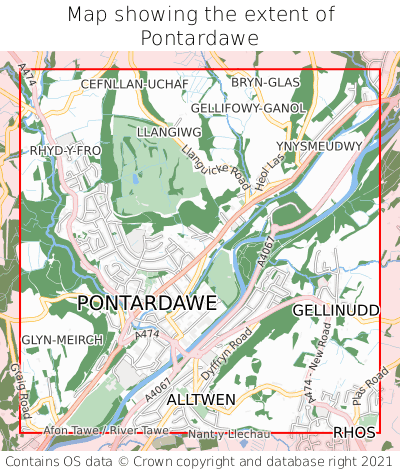 Map showing extent of Pontardawe as bounding box