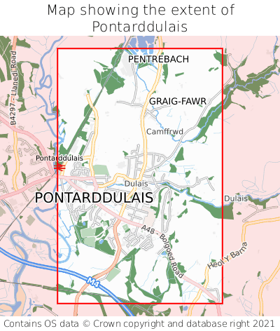 Map showing extent of Pontarddulais as bounding box