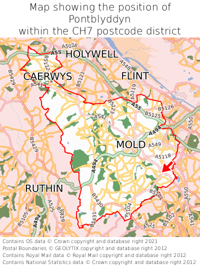 Map showing location of Pontblyddyn within CH7