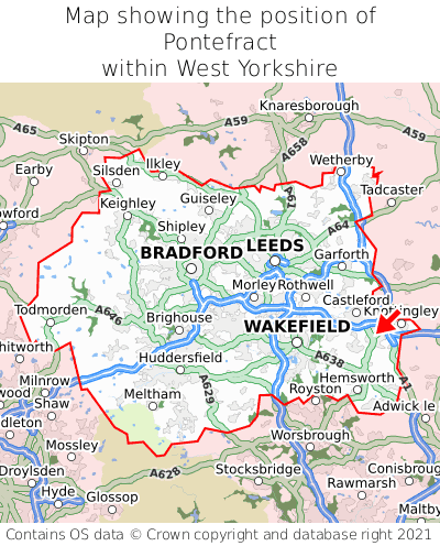 Map showing location of Pontefract within West Yorkshire
