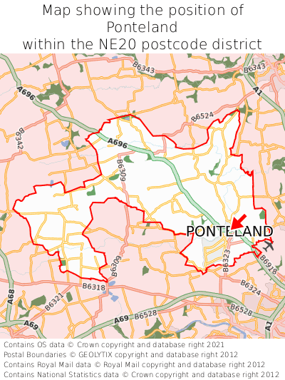 Map showing location of Ponteland within NE20