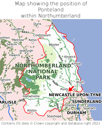 Map showing location of Ponteland within Northumberland